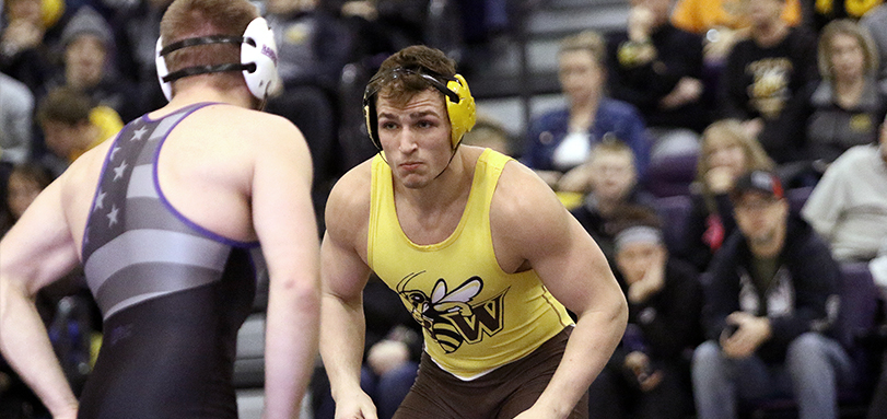 Senior Zeckary Lehman grabbed a 2:13 pinfall in the victory over the US Merchant Marine Academy (Photo Courtesy of Ed Hall Jr.)