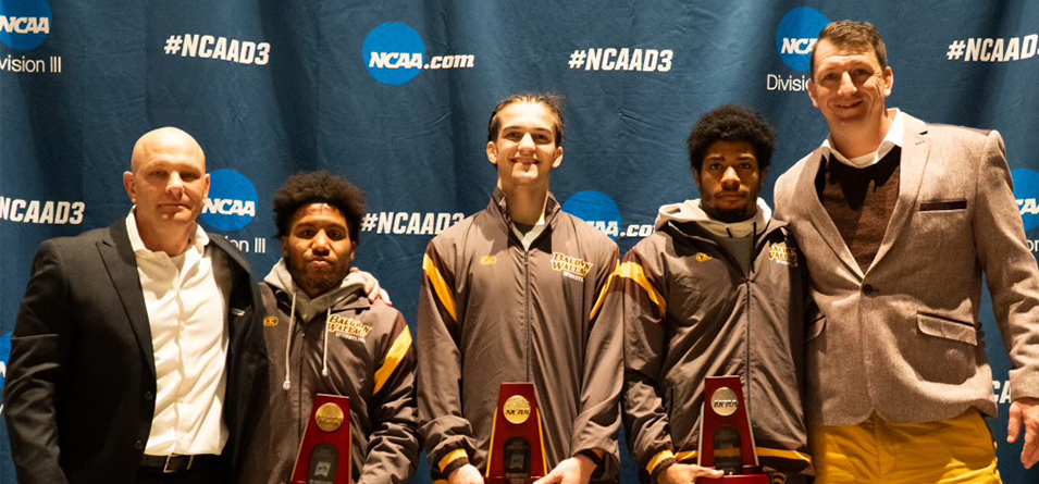 Head Coach Jamie Gibbs, Jacob Decatur, Michael Petrella, Jaden Hinton and Associate Head Coach Jason Zastrow (Photo Courtesy of Donovan Birkett ' 26)