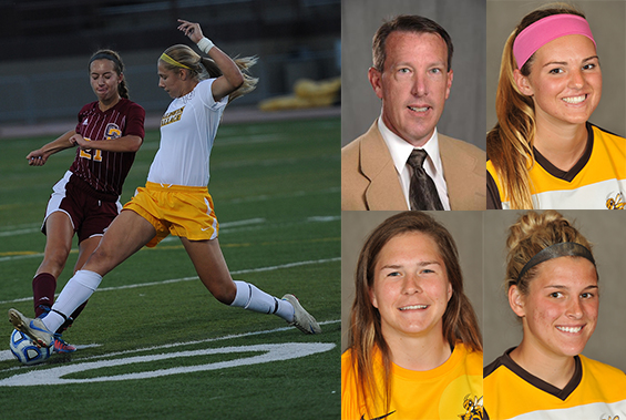 Defender of the Year Kelly Gough, Coach of the Year Reid Ayers, Alex Elliott, Emily Tallmadge and Courtney Schutz